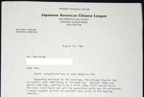 Letter to Sam Honda from William Yoshino (ddr-chijacl-1-595)