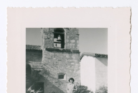Lillie (Yamato) Komai at Carmel Mission bell tower (ddr-densho-562-56)