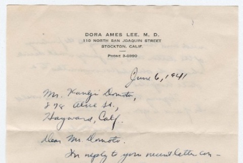 Letter to Kaneji Domoto from Dora Ames Lee M.D. (ddr-densho-329-209)