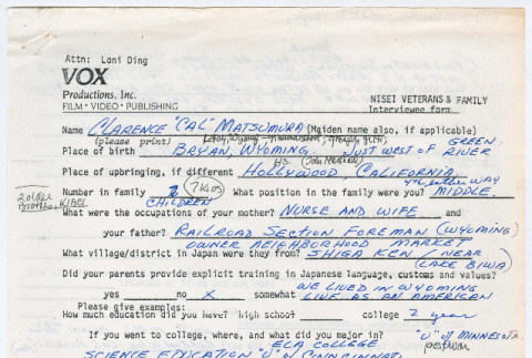 Clarence (Cal) Matsumura interview form (ddr-densho-1007-898)