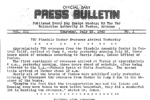 Poston Official Daily Press Bulletin Vol. III No. 1 (July 23, 1942) (ddr-densho-145-62)