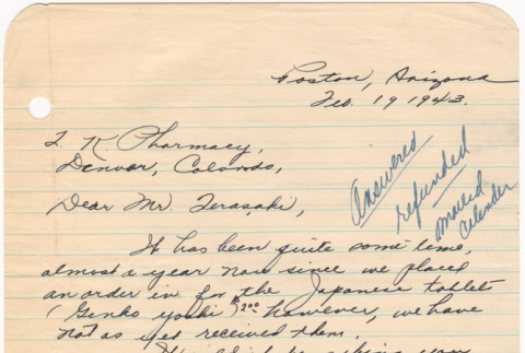 Letter sent to T.K. Pharmacy from  Poston (Colorado River) concentration camp (ddr-densho-319-438)