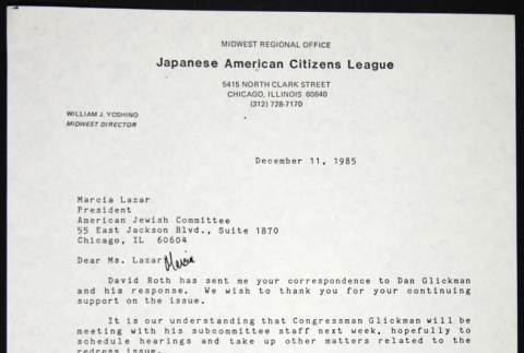 Letter to Marcia Laszar from Bill Yoshino (ddr-chijacl-1-246)