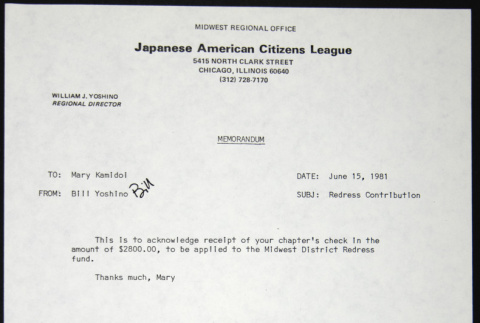 Memo to Mary Kamadoi from Bill Yoshino (ddr-chijacl-1-625)