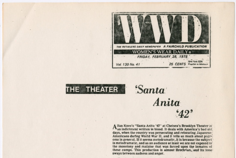 Copy of clipping from Women's Wear Daily about play Santa Anita '42 (ddr-densho-367-333)