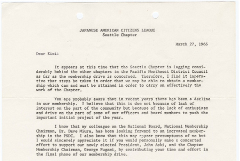 Letter regarding low membership of the Seattle Chapter, JACL, March 27, 1963 (ddr-sjacl-1-59)