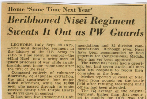 Article titled:  Beribboned Nisei Regiment Sweats It Out as PW Guards (ddr-densho-539-98)