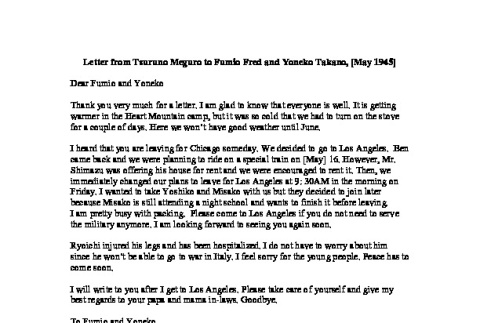 Letter from Tsuruno Meguro to Fumio Fred and Yoneko Takano, May 1945, English translation (ddr-csujad-42-81)