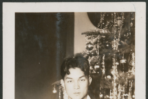 man in front of Christmas tree (ddr-densho-378-646)