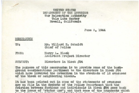 Memo from Harry L. Black, Assistant Project Director, to Willard E. Schmidt, Chief of Police, re: disorders in Block #54, June 2, 1944 (ddr-csujad-2-83)