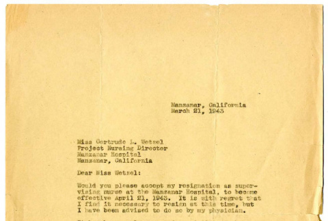 Letter from Shirley E. Wells to Gertrude L. Wetzel, Project Nursing Director, March 21, 1943 (ddr-csujad-48-78)