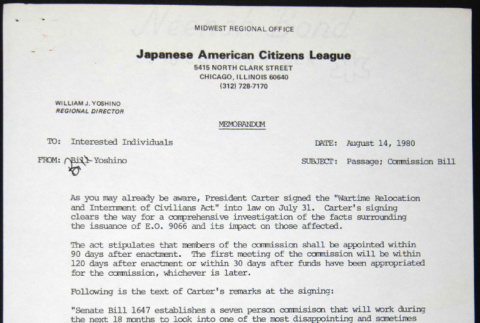 Memo to Interest Individuals from Bill Yoshino (ddr-chijacl-1-191)
