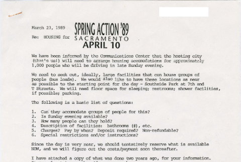 Request for housing options for people arriving for the Spring Action '89 march on April 10. (ddr-densho-444-9)