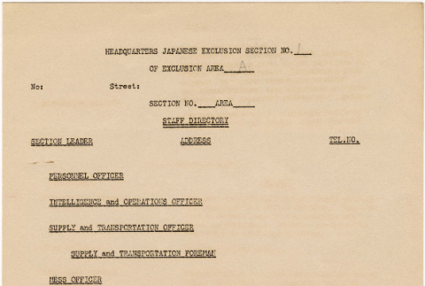 Blank Staff directory from Headquarters Japanese Exclusion section 1 of Exclusion area A (ddr-densho-383-568)