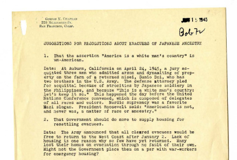 Suggestions for Resolutions about Evacuees of Japanese Ancestry (ddr-csujad-18-10)