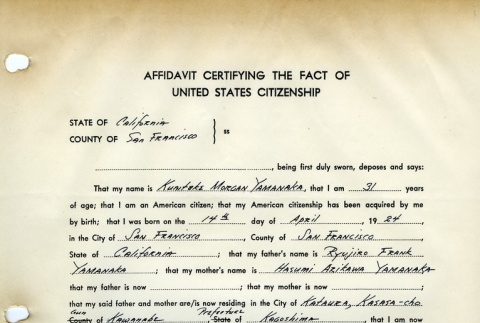 Affidavit Certifying the Fact of United States Citizenship (ddr-densho-188-54)