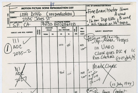 National Archives film order, annotated version (ddr-densho-1007-1118)