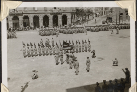 Men in formation receiving citations, seen from above (ddr-densho-466-761)