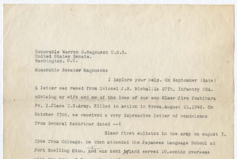 (Document) - Draft of letter to Senator Warren G. Magnuson from Elmer Yoshihara's parent(s) (PDF) (ddr-densho-332-52-mezzanine-72b5125311)