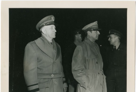 General MacArthur and Maj. Gen. Mueller waiting for the arrival of Secretary Royall (ddr-densho-299-36)
