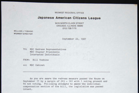 Memo to MDC Chapter Presidents and Redress Representatives from Bill Yoshino (ddr-chijacl-1-242)
