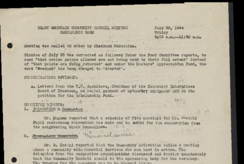 Minutes from the Heart Mountain Community Council meeting, July 28, 1944 (ddr-csujad-55-592)