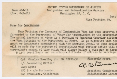 Approval of Mitsuye Takemiya's immigration visa request (ddr-densho-550-61)