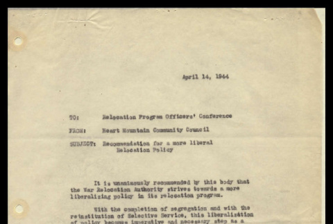 Memo from Saburo Nakashima, Chairman, Heart Mountain Community Council, to Relocation Program officers, April 14, 1944 (ddr-csujad-55-934)