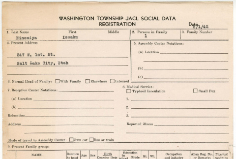 Washington Township JACL Social Data Registration and family record for Issaku Ninomiya (ddr-densho-491-119)