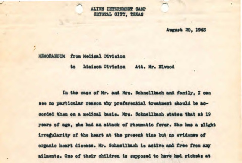 Letter from S.F. Oliver, (Surg) UEPES, Medical Officer in Charge to Mr. Elwood, Liaison Division, Crystal City, Texas, August 20, 1943 (ddr-csujad-55-1395)