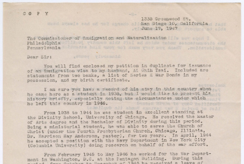 Letter from Ryo Tsai to Commissioner of Immigration and Naturalization (ddr-densho-446-278)