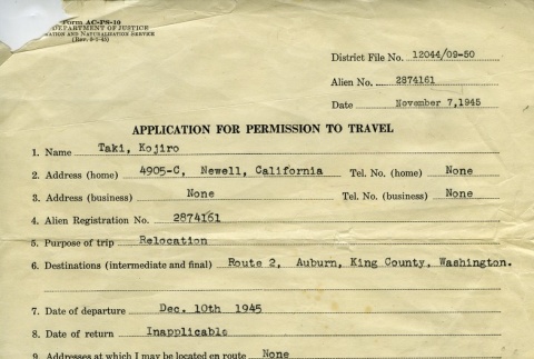 Application for Permission to Travel (ddr-densho-164-138)