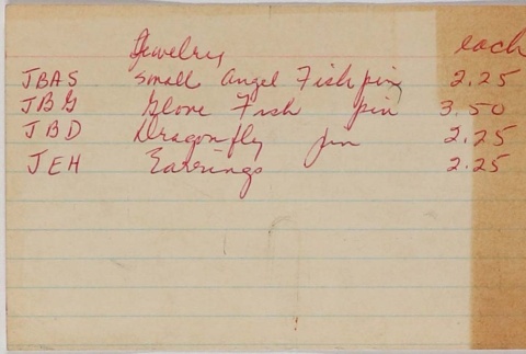Index card with list of jewelry (ddr-densho-424-435)