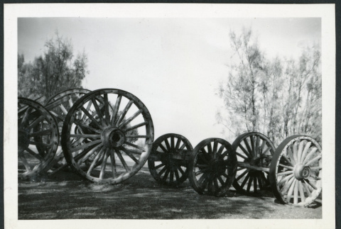 Photograph of wagon wheels at Furnace Creek Camp in Death Valley (ddr-csujad-47-105)