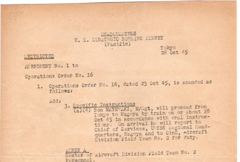U.S. Strategic Bombing Survey operations order for Ben Mayewaki (ddr-densho-563-41)