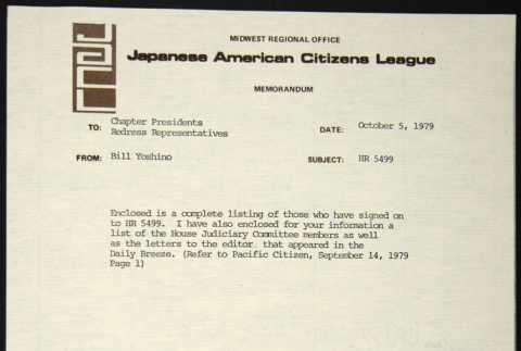 Memo to Chapter Presidents and Redress Representatives from Bill Yoshino concerning HR 5499 (ddr-chijacl-1-223)