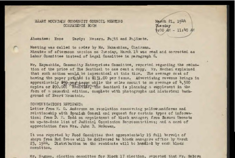 Minutes from the Heart Mountain Community Council meeting, March 21, 1944 (ddr-csujad-55-540)
