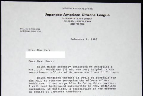 Letter to Mae Hara from Bill Yoshino (ddr-chijacl-1-769)