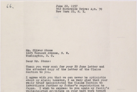 Letter from Lawrence Miwa to Oliver Ellis Stone concerning claim for James Seigo Maw's confiscated property (ddr-densho-437-249)