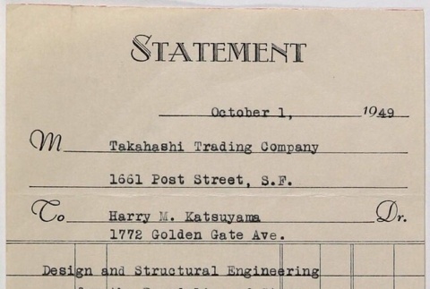 Billing statement for Design and Structural engineering for Takahashi Store at 1661 Post Street (ddr-densho-424-667)