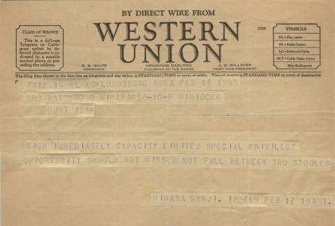 Telegram from Issei man to wife (February 16, 1943) (ddr-densho-140-159)