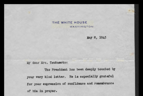 Letter from William D. Hassett, Secretary to the President, to Mrs. Mary Tsukamoto, May 8, 1945 (ddr-csujad-55-36)