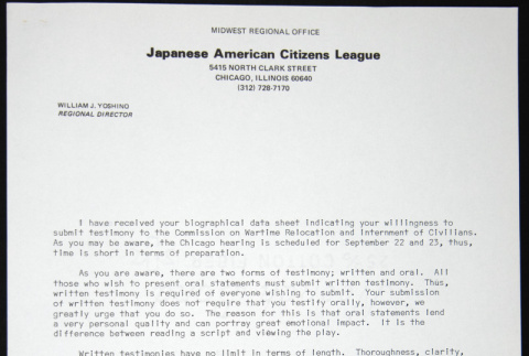 Form letter for witnesses at the CWRIC from William Yoshino (ddr-chijacl-1-508)
