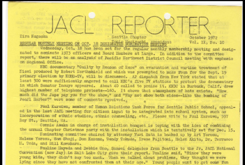 Seattle Chapter, JACL Reporter, Vol. IX, No. 10, October 1972 (ddr-sjacl-1-240)