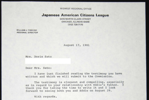 Letter to Doris Sato from William Yoshino (ddr-chijacl-1-590)