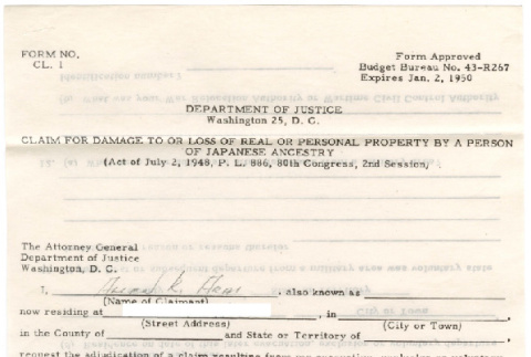 Claim form for Damage to or loss of real or personal property by a person of Japanese Ancestry (ddr-densho-430-65)