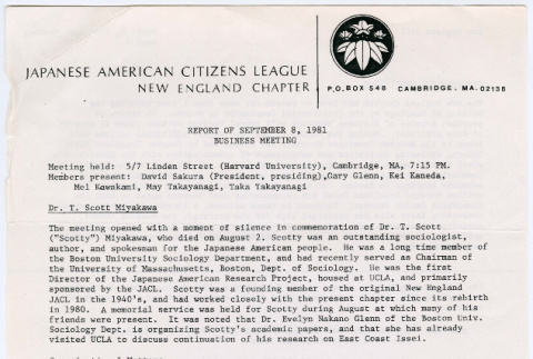 Report of business meeting for New England Chapter of the JACL 9/8/1981 (ddr-densho-523-770)