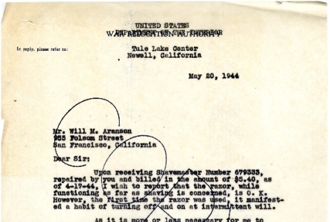 Letter from Willard E. Schmidt, Chief, Administrative Police, to Will M. Aranson, May 20, 1944 (ddr-csujad-2-88)
