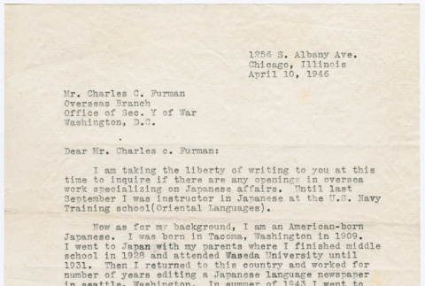 Letter from Takami Hibiya to Charles C. Furman (ddr-densho-381-152)
