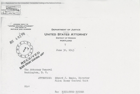 Letter from Carl C. Donaugh, United States Attorney, to Edward J. Ennis, Director of the Alien Enemy Control Unit on the proposed rehearing of Keizaburo Koyama (ddr-one-5-209)